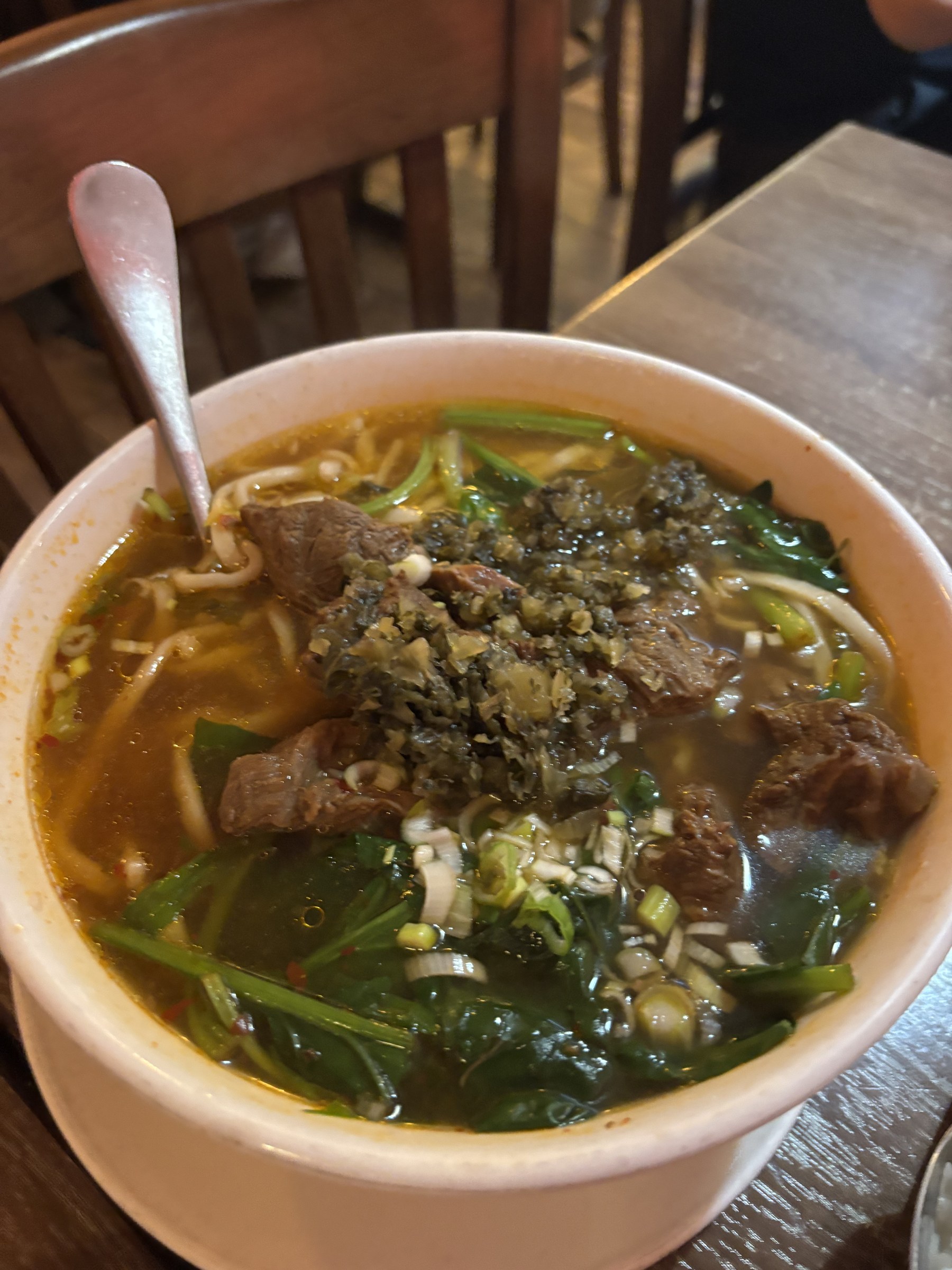 A bowl of noodle soup with beef and greens